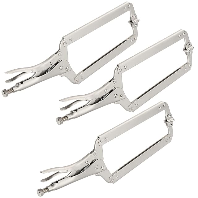 Three HEIHAK 18 inch locking C-clamps with swivel pads