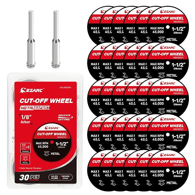 EZARC 1.5 inch rotary cut-off wheels in their storage case with mandrels