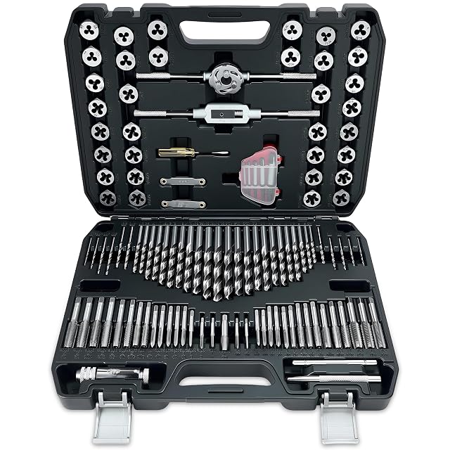 KOOPOOL 114-piece ratcheting tap and die set laid out in its case