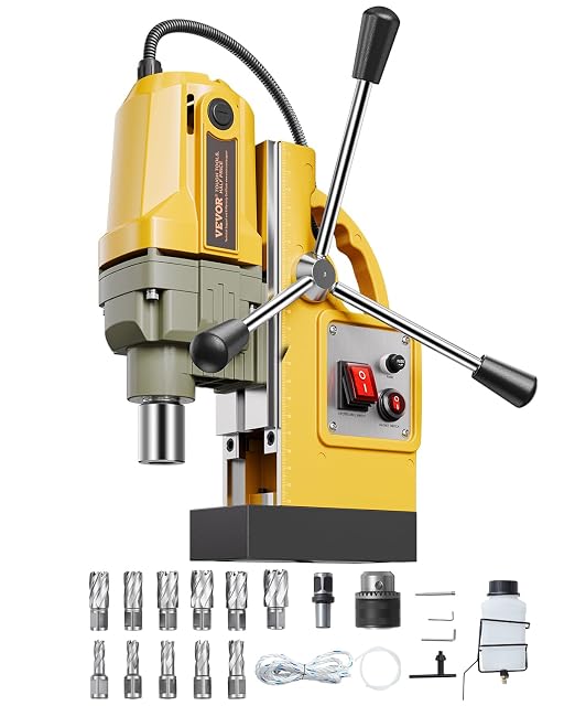 VEVOR magnetic drill clamped to a steel plate with a coring bit fitted
