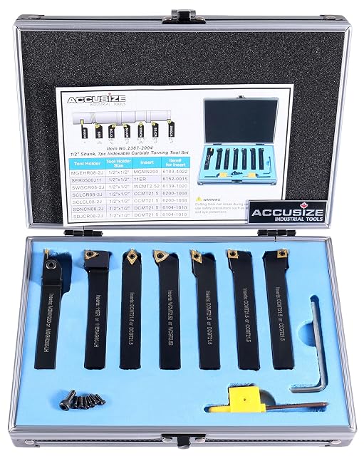 Accusize seven-piece indexable turning tool set in a fitted aluminum case