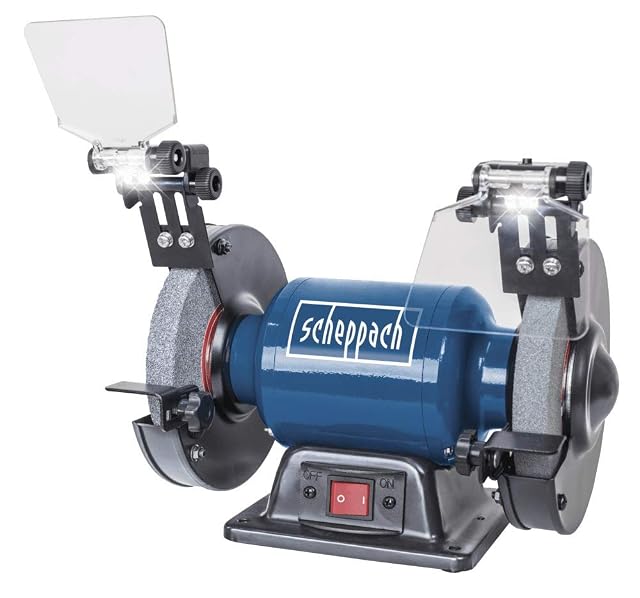 Scheppach SM150L bench grinder with LED lights, product photograph
