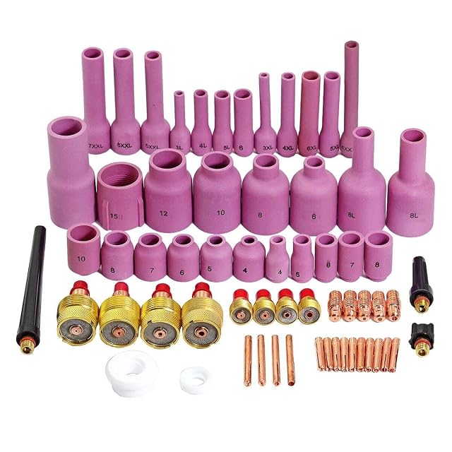 RIVERWELD 63-piece TIG gas lens kit laid out with its cups and collets